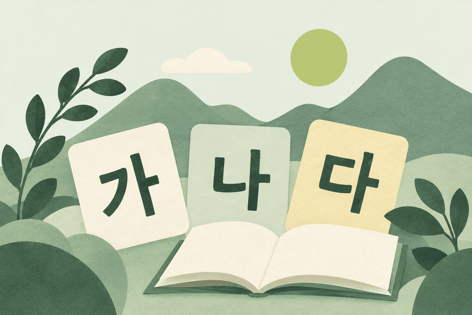 A quiet garden of Korean letters, with an open book and green leaves