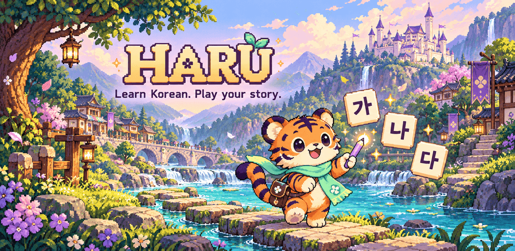 Haru the tiger with Korean letters beside a river, village, and castle in a pixel-art world