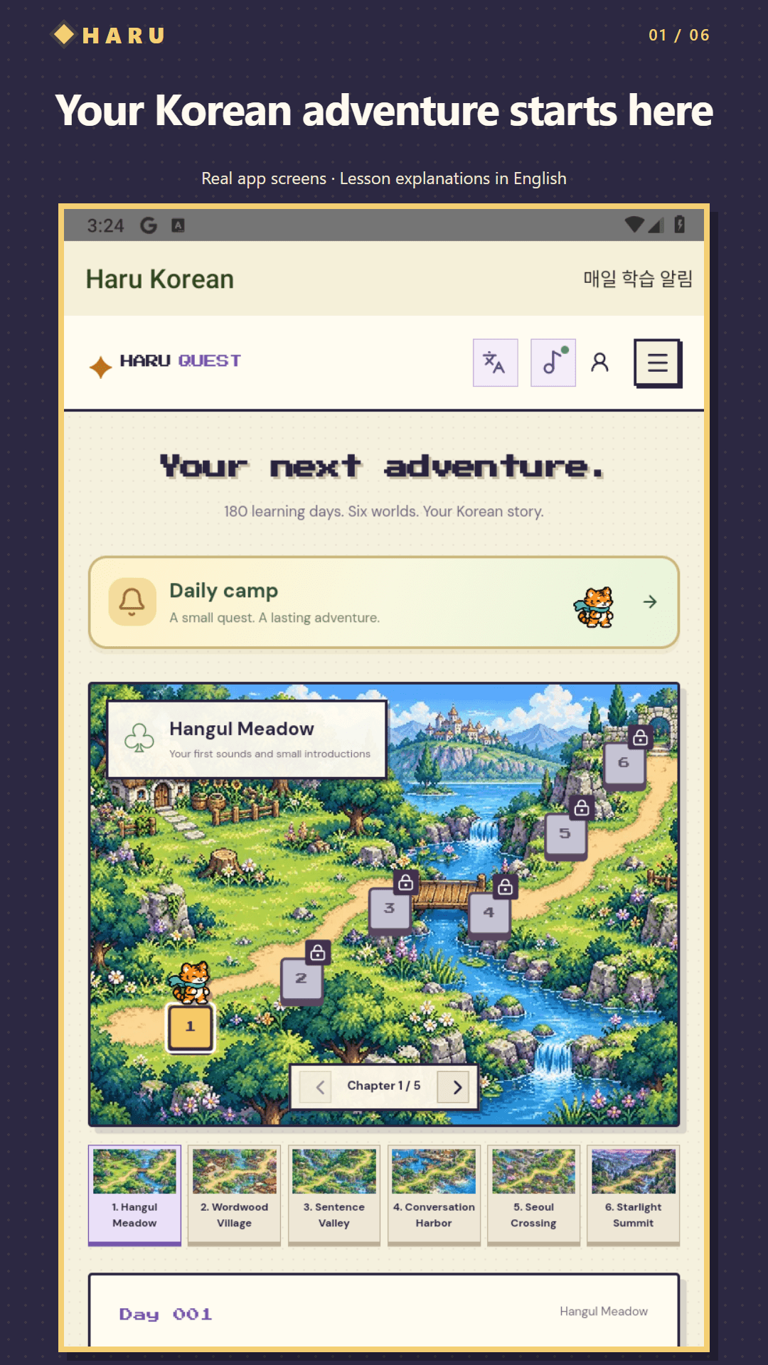 Authentic Haru Android screen showing the tiger at the first quest on a pixel-art world map