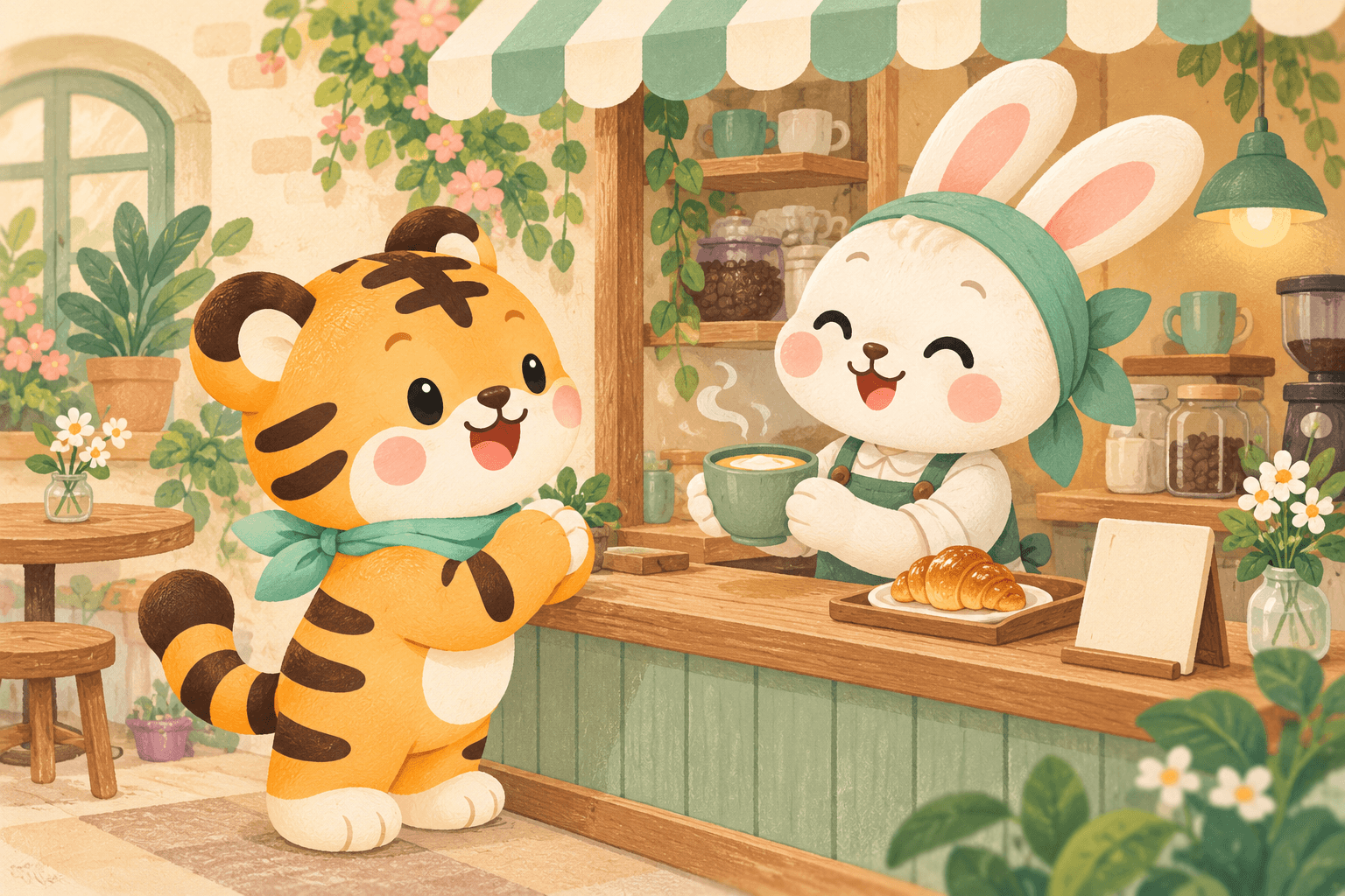 Haru orders a warm drink from a friendly rabbit barista.