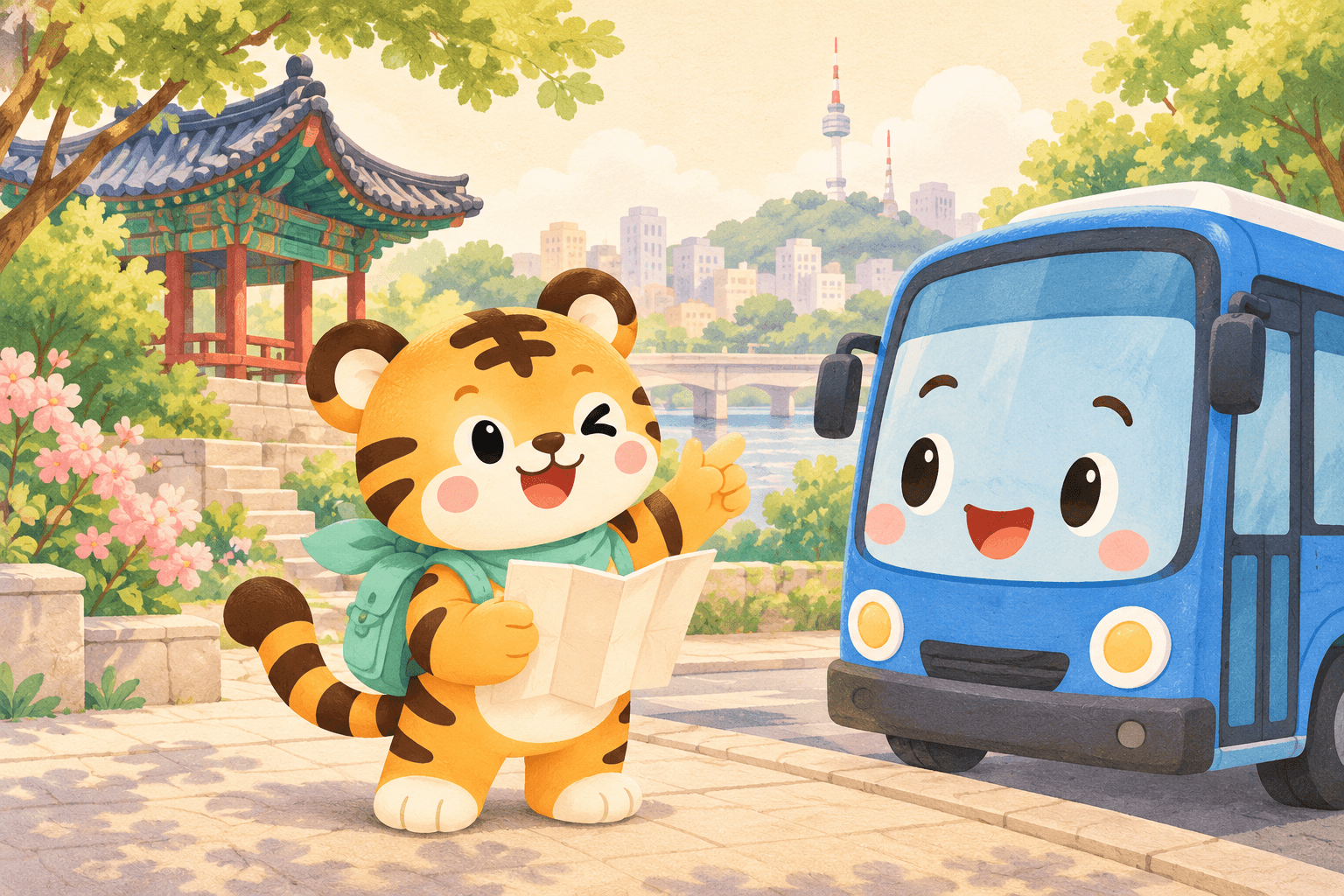 Haru explores a Korean neighborhood with a map and a city bus.