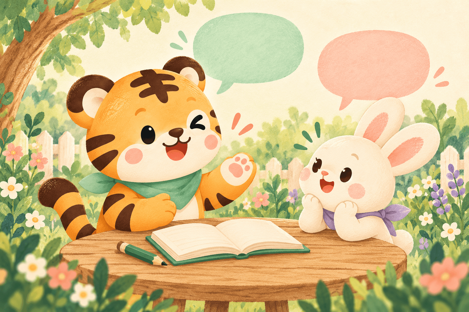 Haru and a rabbit share a friendly conversation in a garden.