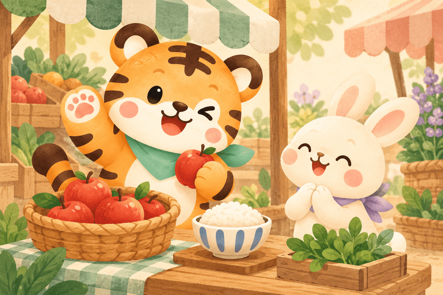 Haru and a rabbit friend greet each other at a little food market.